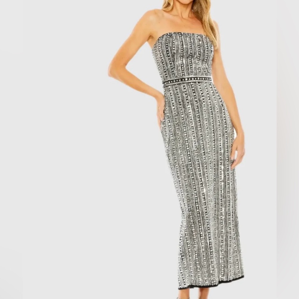 Mac Duggal Black and Silver Embellished Strapless Sheath Dress